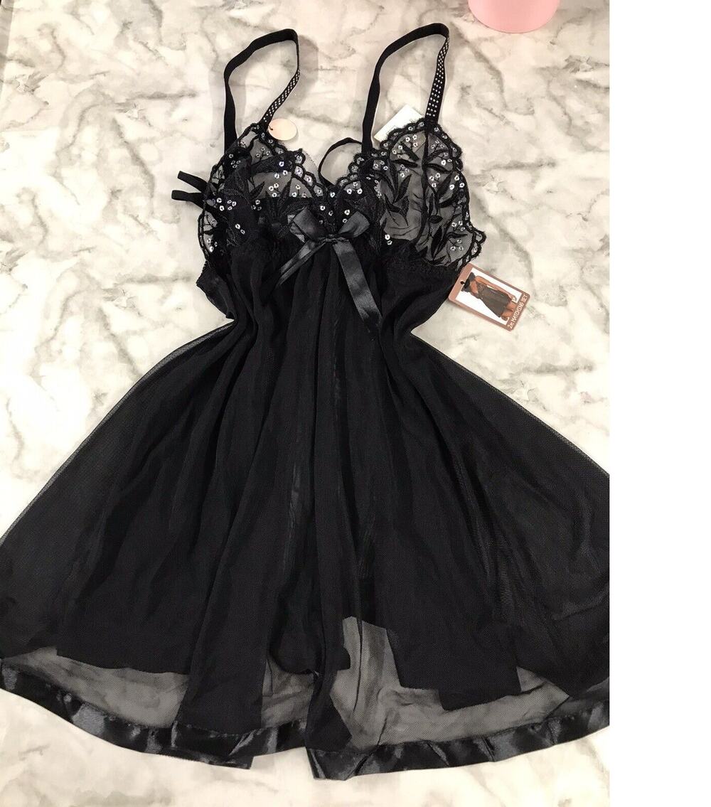 NEW 2 PC Spree Intimates Black Sheer Floral Embroidered Babydoll Lingerie SZ1X